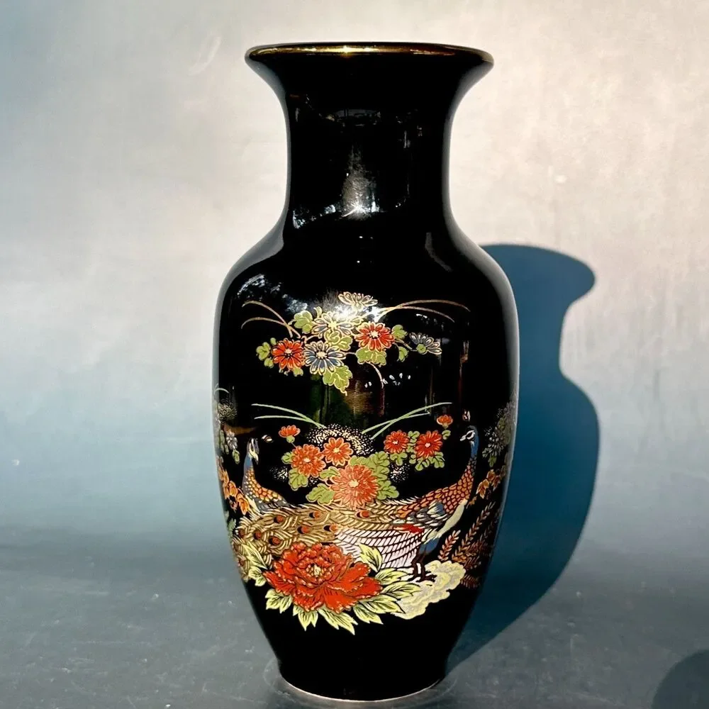 Vintage Japanese Kutani Chokin Style Black Porcelain Vase Peacock Floral Gold 6”
